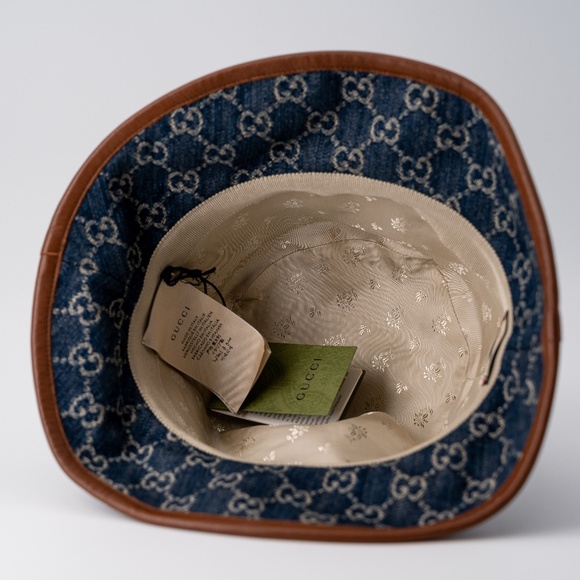 size M - Gucci Blue Denim Bucket Hat GG Monogram Washed Jacquard Leather brim - Picture 3 of 7